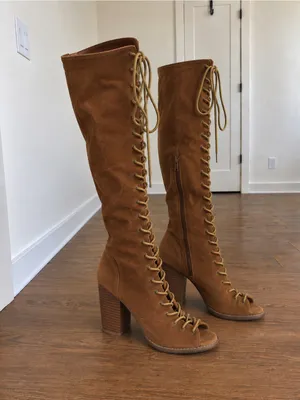 Yoki Vintage Cognac Suede Lace-Up Peep-Toe Boots thumbnail 2