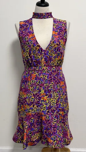 Saloni Blue Purple Floral Sleeveless Plunging V Neck Choker Neck Fleur Dress 8 thumbnail 1