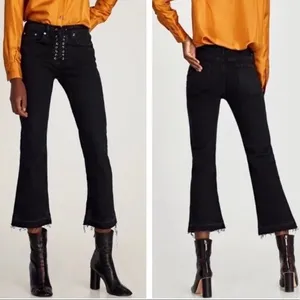 Zara Black High Rise Lace Up Fly Kick Out Crop Released Raw Hem Flare Jeans‎ thumbnail 2