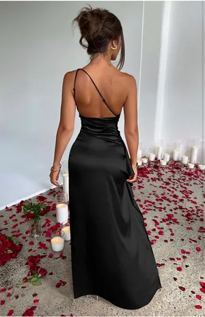 OYS Black Satin One Shoulder Ruched Maxi Dress NWT Size Small thumbnail 3