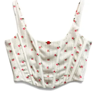 With Jean Cindy Corset Crop Top White Pointelle Rose Print Boning‎ Medium Womens thumbnail 1