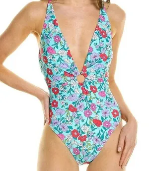 Nanette Lepore Swim Plunging Floral One Piece Swimsuit Light Blue Size 12 thumbnail 1
