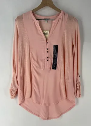 Lucky Brand Light Pink Woven Mix Henley Top Size‎ S thumbnail 1