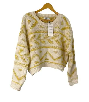 Stradivarius Crew Neck Knit Sweater Size Medium Yellow‎ and Cream thumbnail 1