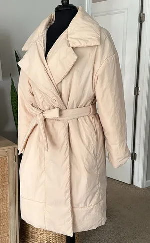 A New Day Cream Blush Oversized Wrap Midi Coat Tie Waist Pockets thumbnail 1
