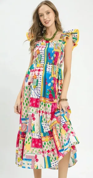Umgee Abstract Print Smocked Ruffle Sleeve Tiered Midi Dress - Medium thumbnail 1