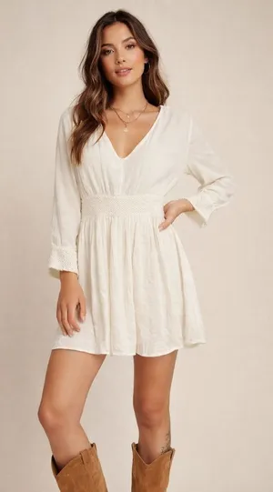 ✨🤍 Volcom Ivory Boho Smocked Waist Peasant Mini Dress Size‎ M 🤍✨ thumbnail 1