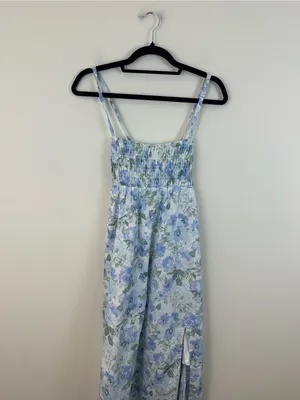 Hollister Blue & White Floral Midi Dress Slit Criss Cross Strappy Back Size XS thumbnail 2