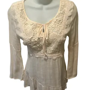 Self Esteem Y2K Cream Whimsigoth Witchy Top Sz S Crochet Detail Peek a Boo Neck Boho Cottage thumbnail 2