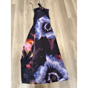 Commense Resort Dark Fairy Floral Print Semi Sheer Backless Halter Black Maxi XS thumbnail 2