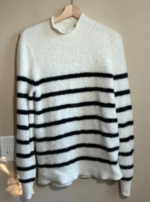 Anthropologie Bailey/44 Striped Mock Sweater XS White Black Womens Fuzzy Knit thumbnail 1