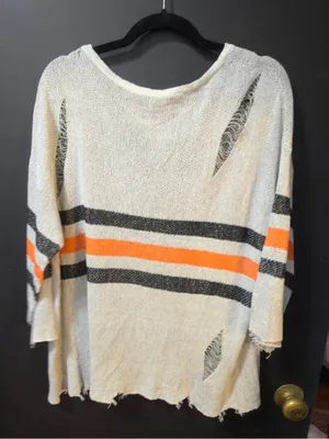 POL Cream Distressed Knit Pullover with Orange & Black Sleeve Stripes thumbnail 2