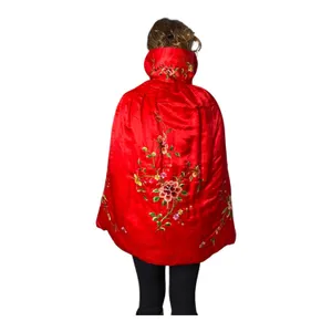 Vintage Red Silk Embroidered Padded Cape with Floral Satin Stitch Detail small thumbnail 2