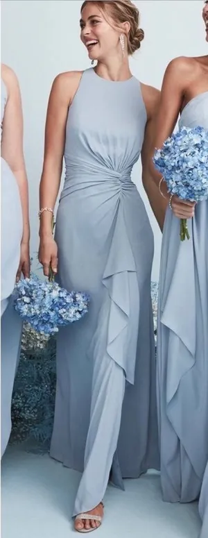David’s Bridal Ice Blue Sleeveless High Neck Draped Front Brisdesmaid Gown 10 thumbnail 1