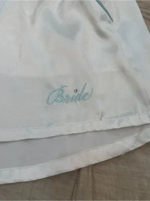 White satiny shorts with light blue piping, size L #bride #wedding thumbnail 2