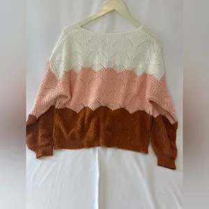 Colorblock Women Multicolor Puff Sleeve Color Block Pointelle Sweater Large thumbnail 2