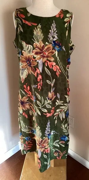Vintage White Stag Olive Green Floral Sleeveless Midi Dress with Side Buttons Si thumbnail 1