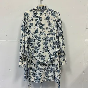 H&M Floral Cotton Shirt Tunic Dress XL Button Down Long Sleeve Belted Blue White thumbnail 2