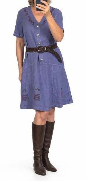 Vintage Blue Cactus Linen Dress Made USA Southwest Print Button Front thumbnail 1