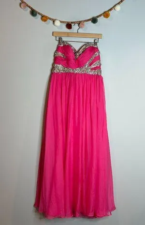 Sherri Hill bright pink embellished strapless formal dress thumbnail 1