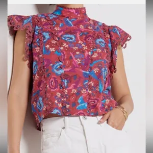 Farm Rio Floral Birds Blush Sleeveless Blouse Size XL $149 boho embroidered fall thumbnail 3