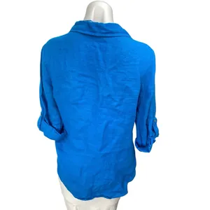 Zara Blue 100% Linen Half Sleeve Pocket V Neck Button Front Shirt Top Size S thumbnail 2