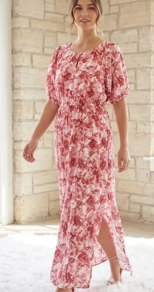 NWT Nine West Puff Sleeve Chiffon Maxi Midi Dress In Pink Abstract Floral M thumbnail 1