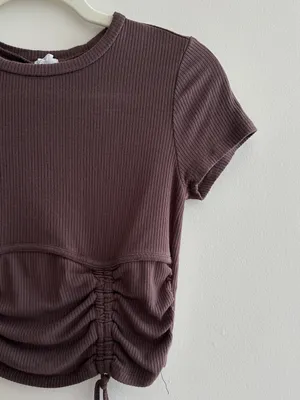 Garage Ribbed Cropped Tie Front Top, Casual Going Out Top, Brown, Size Medium thumbnail 4