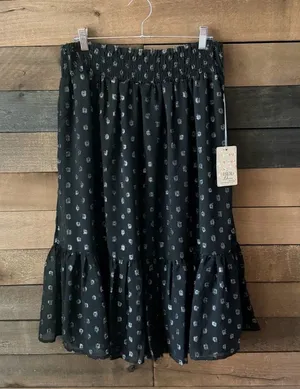 Black Metallic Dot Tiered Midi Skirt Boho Romantic Flowy Skirt thumbnail 1