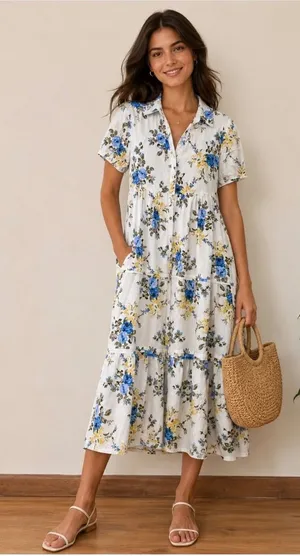 Laura Ashley Linen Blend Floral Midi Dress White Blue Yellow Button Front Size S thumbnail 1