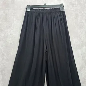 Black Wide Split Flowy Straight Beach Vacation Lounge 90s Pullon Boho Pants XS‎ thumbnail 9