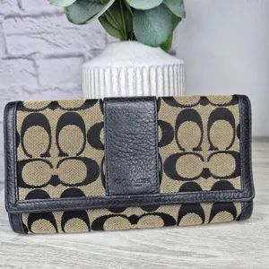 Coach Signature Jacquard Trifold Wallet Black Beige Canvas Leather Checkbook Y2K thumbnail 2