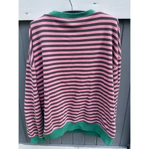 Unbranded Pink Grey Striped Sweatshirt Green Trim‎ French Terry Crewneck Large thumbnail 2
