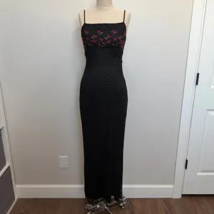 Vintage Monster Girl Medium Maxi Dress Black Rose Floral Mesh Overlay 90s Goth thumbnail 2