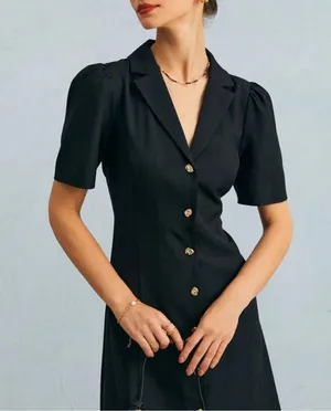 Rihoas The Black V Neck Button Puff Sleeve Midi Dress thumbnail 6