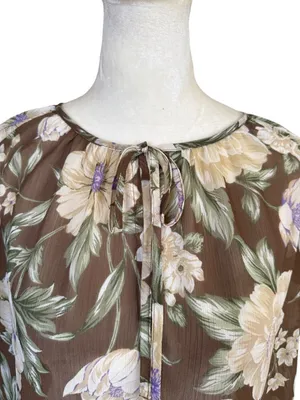 Loft brown and ivory floral ruffle tie front sheer blouse women's size medium thumbnail 5