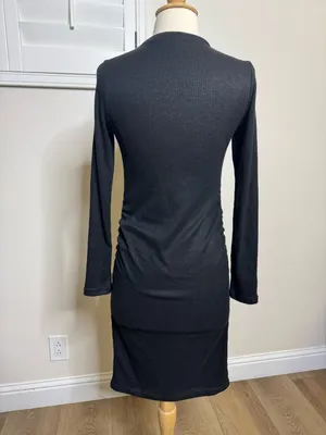 Classic Long-Sleeve Ribbed Knit Dress in Black thumbnail 4