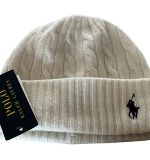 Polo Ralph Lauren beige cable knit beanie hat with embroidered pony wool blend thumbnail 1