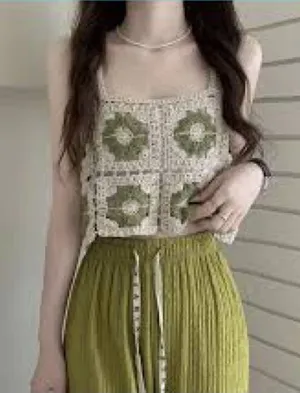 Source Unknown Crochet‎ Crop Top - Cream and Green Est. Small EUC thumbnail 1