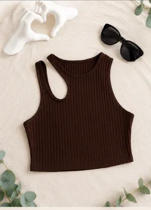 Sheila Fajl ✨ SHEIN Women’s Brown Ribbed Cutout Crop Tank Top – Size Small 🤎 thumbnail 2