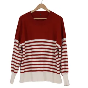 Red Cream Striped Oversized Crewneck Sweater Long Sleeve Side Slit Size M thumbnail 2