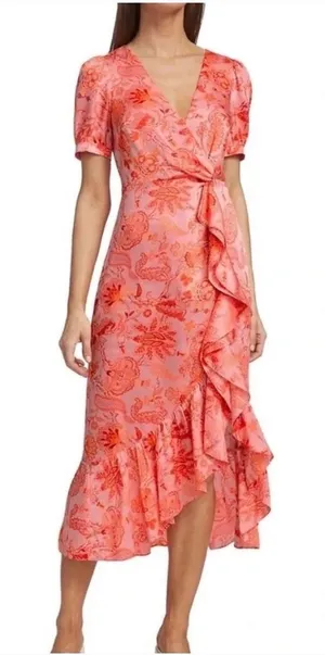 Cinq a Sept Mckenna Paisley Floral Ruffle Midi Dress Pink Orange Size 6 thumbnail 1