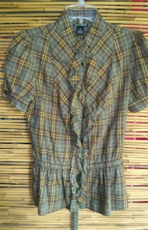 Lucky Brand M Brown Gold Plaid Top thumbnail 1
