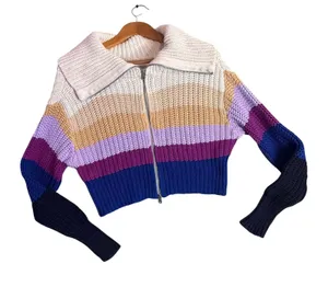 Women's Chunky Knit Colorblock Ribbed Knit Full Zip Sweater Size S Cropped Retro thumbnail 1