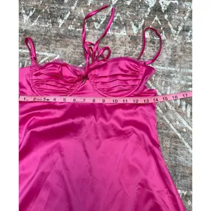 Hot Pink Satin Lace Slip Mini Dress NWT Size Small Ruched Spaghetti Strap Party thumbnail 13