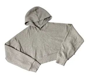Alo Yoga Muse Ribbed Cropped Hoodie Womens S Gravel Heather Athleisure thumbnail 1
