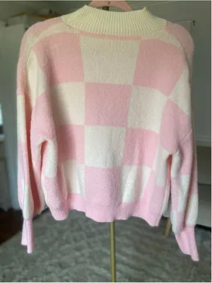Pink & Cream Checkerboard Sweater Mock Neck Cozy Knit Buttery Soft Quiet‎ Luxury thumbnail 2
