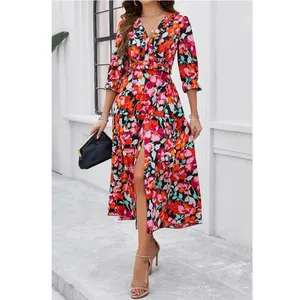 Floral Ruffle Trim A Line Dress Midi Length Boutique Dress Side Slit in Multi thumbnail 4