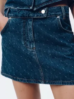 Zara Dark Blue Denim Embroidered Print Mini Skirt Size-Small Y2K Indie thumbnail 1