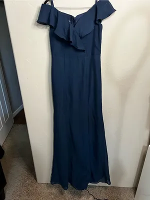 NWT JJs House Navy Blue Chiffon Off Shoulder Ruffle Front Slit Formal Maxi Dress thumbnail 2
